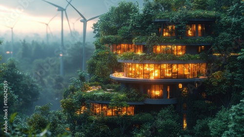 Futuristic Energy Hub Surrounded by Lush Greenery and Nature