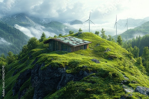 Futuristic Energy Hub Enveloped in Lush Greenery and Scenic Landscape