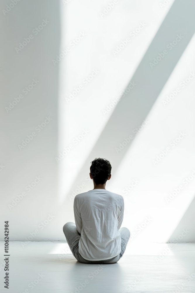 Person sits floor, back to camera, light streams wall. Person sits floor, back to camera, light streams wall.