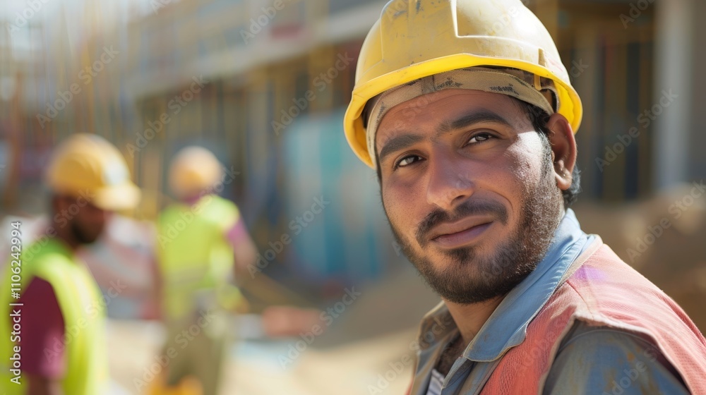 A man in a yellow hard hat and orange safety vest posing for a photo On a construction site. A man in a yellow hard hat and orange safety vest posing for a photo On a construction site.