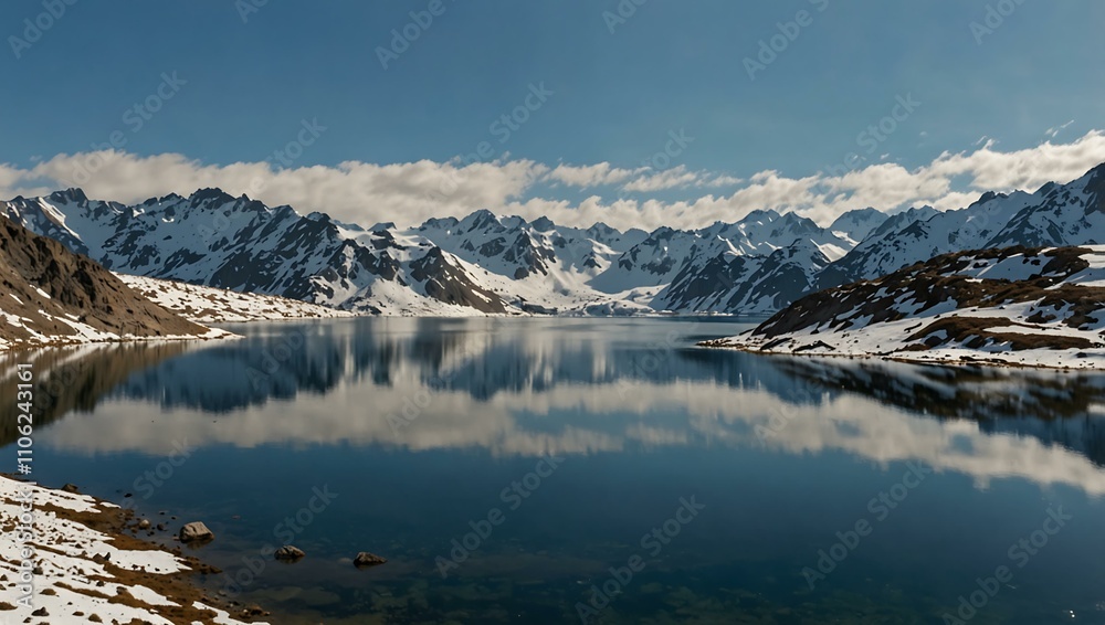High-altitude lake surrounded by snow-capped peaks on a clear day. High-altitude lake surrounded by snow-capped peaks on a clear day.