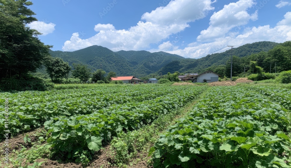 美しい山々に囲まれた広大な農地での作物育成 美しい山々に囲まれた広大な農地での作物育成