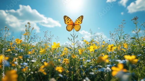 Bright Meadow with Wildflowers and Butterfly under Clear Sky