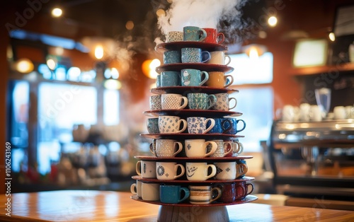 Mug Tree A unique Christmas tree built from stacked mugs of different sizes and patterns, with steam rising from the top mug, placed in a cozy coffee shop photo