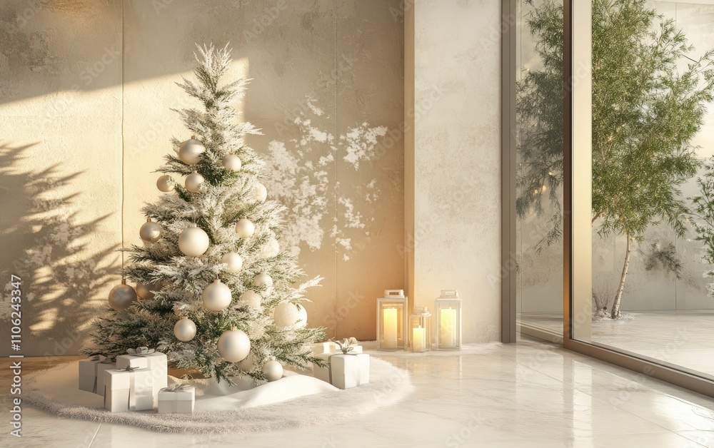 Luxury Spa A serene Christmas tree with white and pale green decorations, placed in a luxury spa room with warm candlelight and soft relaxing music Luxury Spa A serene Christmas tree with white and pale green decorations, placed in a luxury spa room with warm candlelight and soft relaxing music