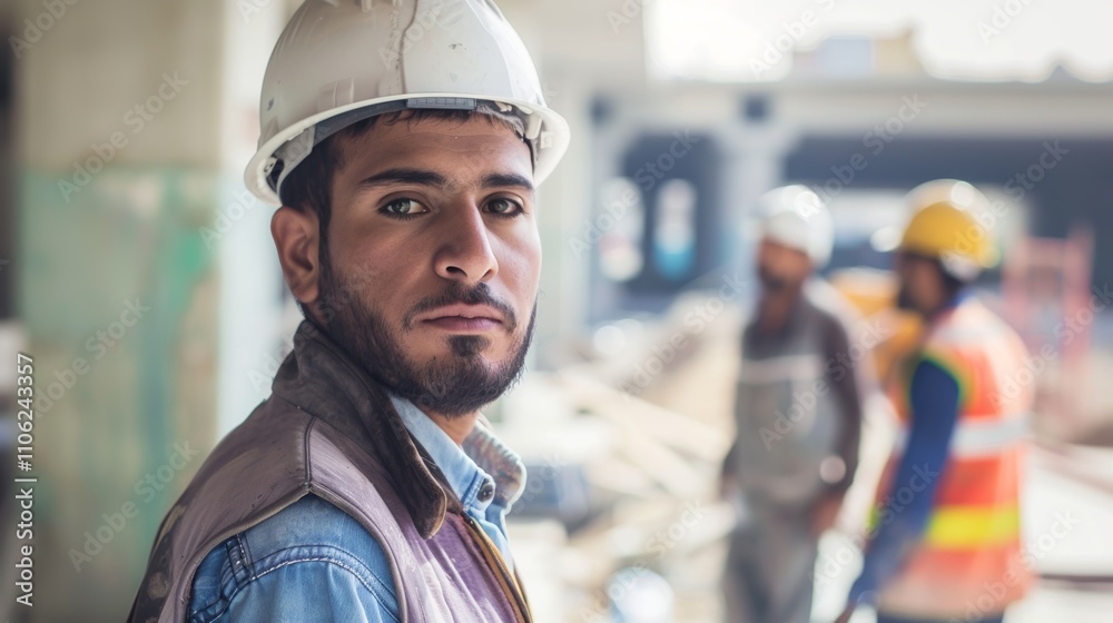 The image depicts a man in a hard hat with a blurred background featuring two Other men in similar attire. The image depicts a man in a hard hat with a blurred background featuring two Other men in similar attire.