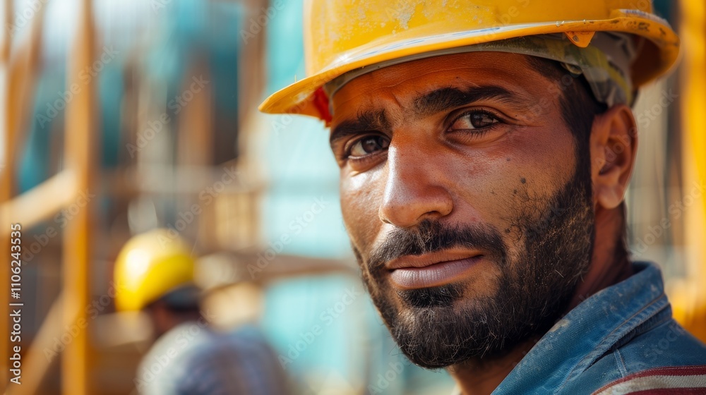 A man in a yellow hard hat and blue denim jacket with a blurred construction site in the background. A man in a yellow hard hat and blue denim jacket with a blurred construction site in the background.