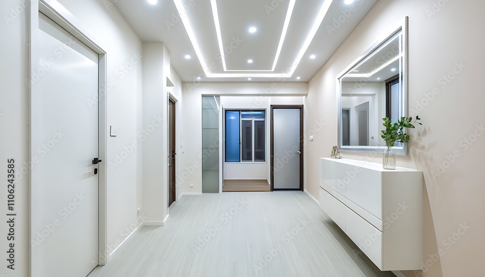 Fototapeta premium Modern and sleek corridor design, elegant and bright with spaciousness.