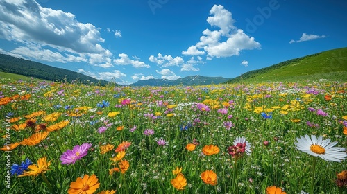 Colorful Wildflowers in Lush Green Meadow Under Bright Blue Sky