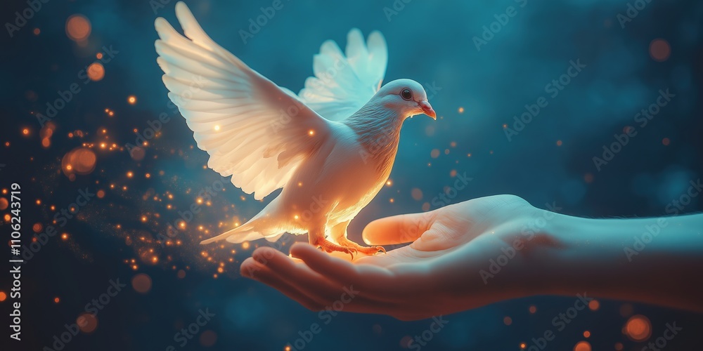 Obraz premium A glowing white dove perched on a hand surrounded by warm orange sparkles, symbolizing peace and hope