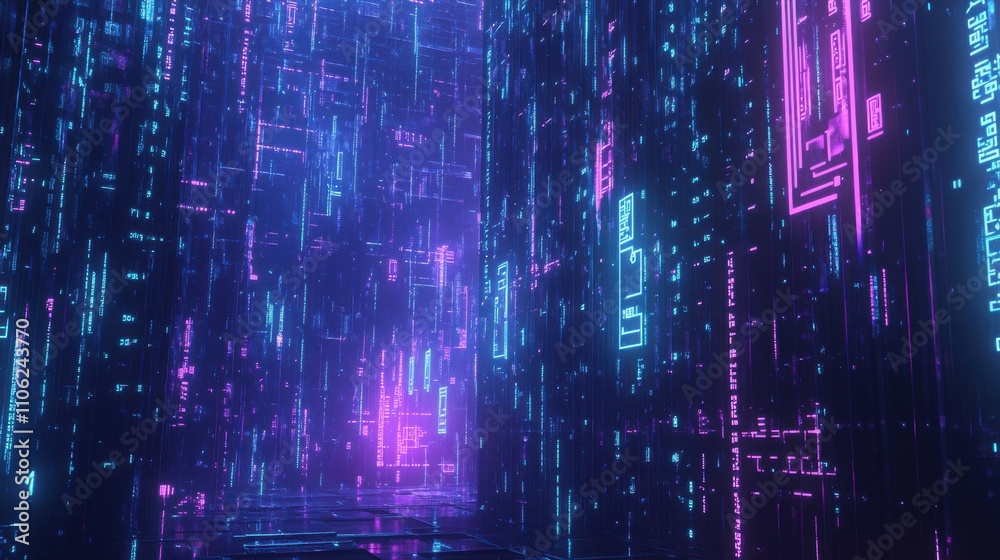 Colorful vertical light patterns in pink and blue illuminate a dark background, creating an abstract and captivating atmosphere reminiscent of a digital art installation. Colorful vertical light patterns in pink and blue illuminate a dark background, creating an abstract and captivating atmosphere reminiscent of a digital art installation.