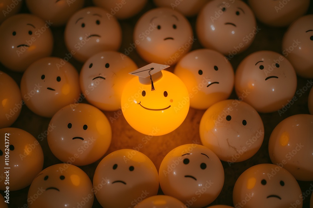 Many Balls with Sad Faces Surrounding a Happy Face Wearing a Graduation Hat, Representing a Mix of Emotions During a Celebratory Moment Many Balls with Sad Faces Surrounding a Happy Face Wearing a Graduation Hat, Representing a Mix of Emotions During a Celebratory Moment