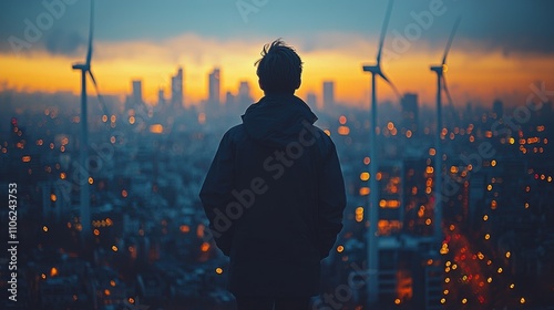 Modern Eco-Friendly City Skyline at Sunset with Wind Turbines
