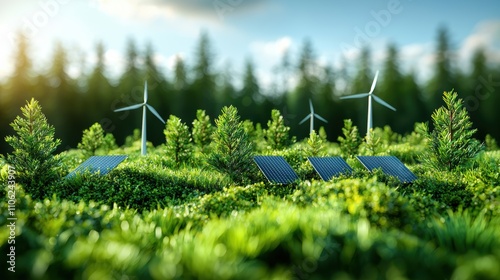 Modern Eco-Friendly City Skyline with Wind Turbines and Nature