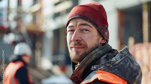 The image depicts a man in a red beanie and black jacket with orange stripes likely a construction worker with a blurred background featuring Other workers.