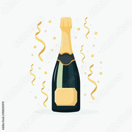champagne bottle with golden confetti isolated on white background flat illustration