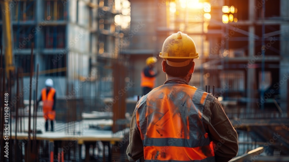 A construction worker On a building site wearing a hard hat and safety vest with Other workers in the background. A construction worker On a building site wearing a hard hat and safety vest with Other workers in the background.