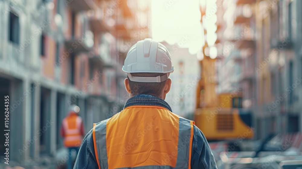 A construction worker clad in a denim jacket and a yellow safety vest stands with his back to the camera gazing at a bustling construction site. A construction worker clad in a denim jacket and a yellow safety vest stands with his back to the camera gazing at a bustling construction site.