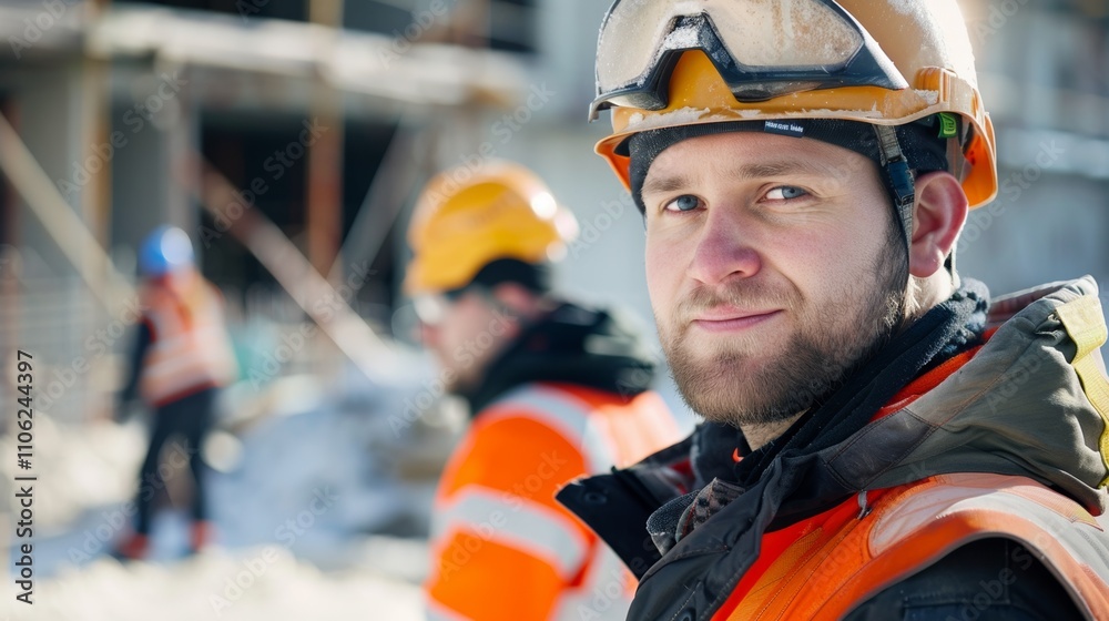 A construction worker in a hard hat and Orange vest with a blurred background Of a construction site. A construction worker in a hard hat and Orange vest with a blurred background Of a construction site.