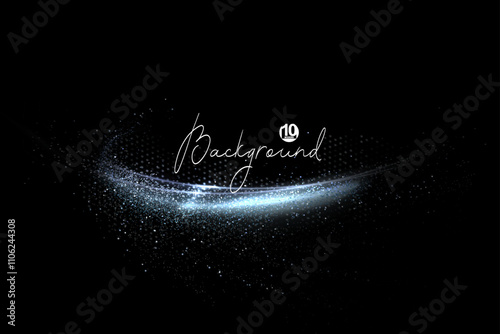 Isolated shiny light blue ribbon with small tinsel on black background, design component.