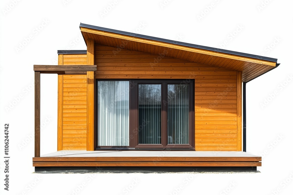 Wooden house, sloped roof, single window, small deck. Wooden house, sloped roof, single window, small deck.
