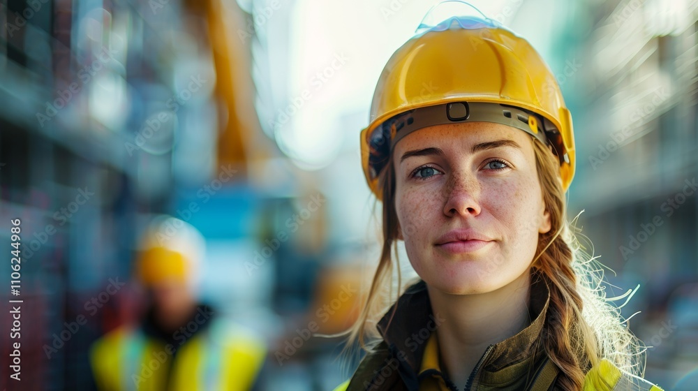 A woman in a hard hat likely a construction worker is shown in a close-up shot with a blurred background. A woman in a hard hat likely a construction worker is shown in a close-up shot with a blurred background.