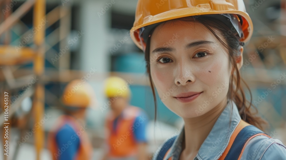 The image depicts a young woman in a hard hat and construction attire set against a blurred background Of a construction site.