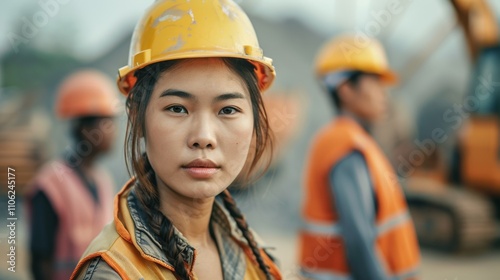 A portrait Of a young woman in a yellow hard hat with a blurred construction site and workers in the background conveying a sense Of professionalism and expertise in the field.