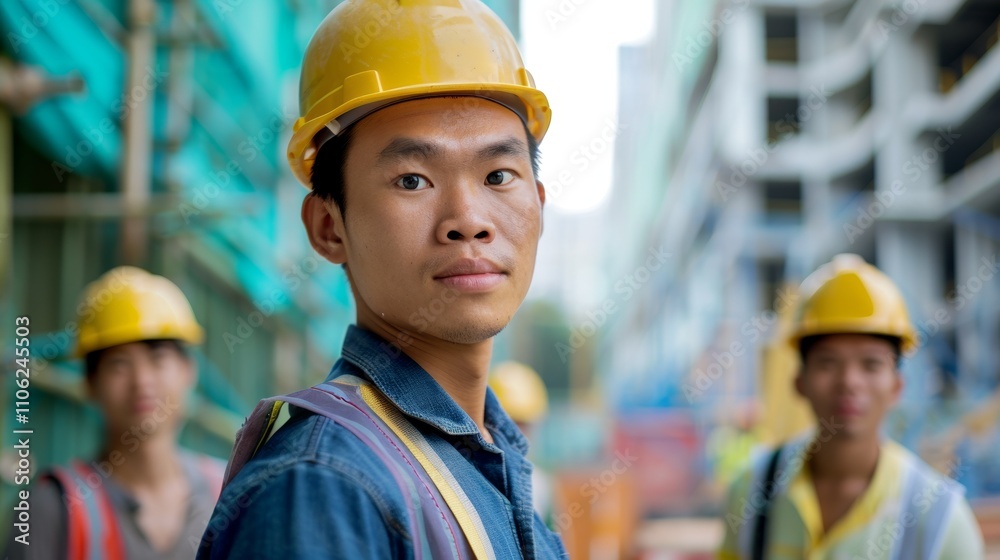 The image depicts a young Asian man in a hard hat and denim jacket with two Other workers in the background.