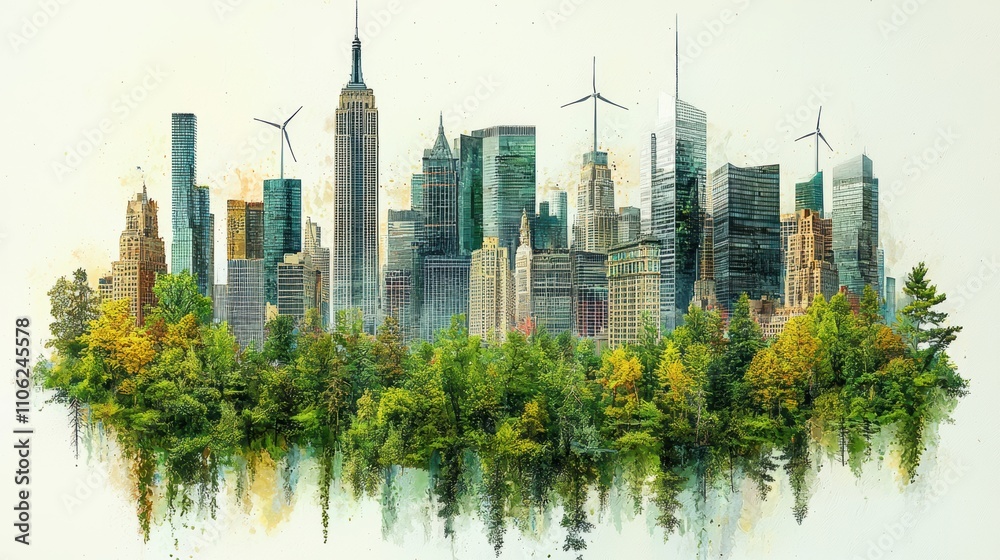 Fototapeta premium Modern Eco-Friendly City Skyline with Wind Turbines and Nature