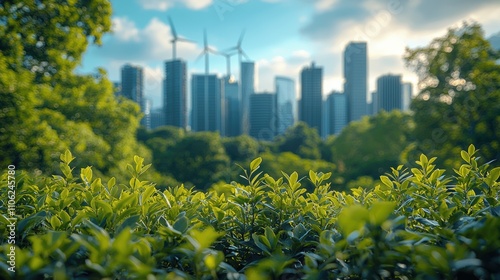 Modern Eco-Friendly City Skyline with Wind Turbines and Greenery