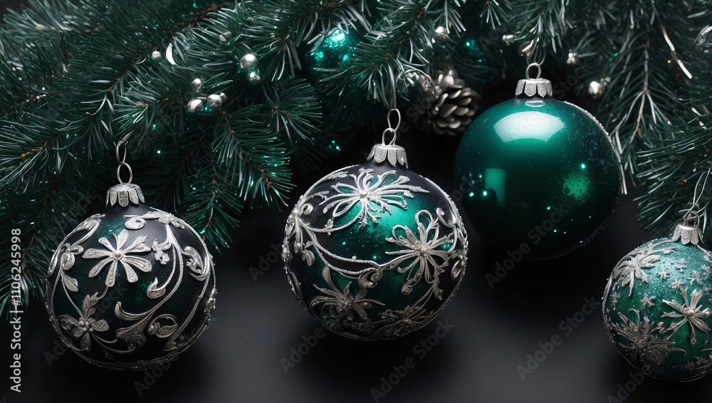 Dramatic Holiday Scene with Silver Stars and Frosted Ornaments Dramatic Holiday Scene with Silver Stars and Frosted Ornaments