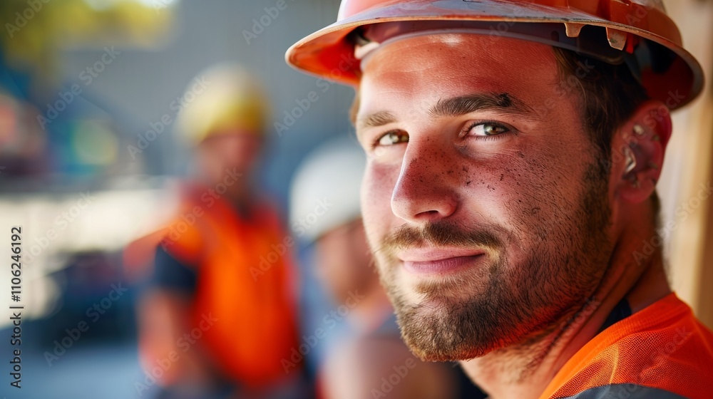 The image depicts a man in a hard hat likely a construction worker with a blurred background featuring Other workers. The image depicts a man in a hard hat likely a construction worker with a blurred background featuring Other workers.