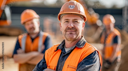 The image shows a man in a hard hat and orange safety vest with two Other workers in the background.