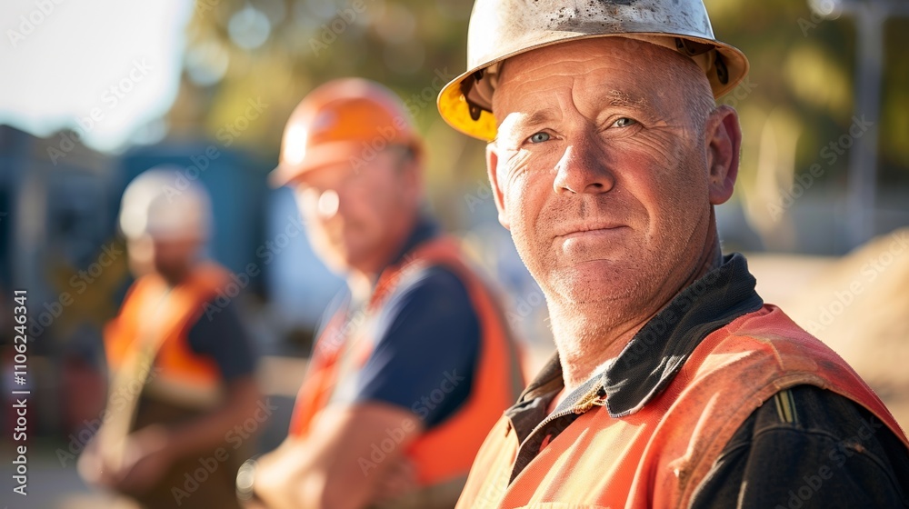 A construction worker in the foreground with Other workers in the background all wearing hard hats and safety vests. A construction worker in the foreground with Other workers in the background all wearing hard hats and safety vests.