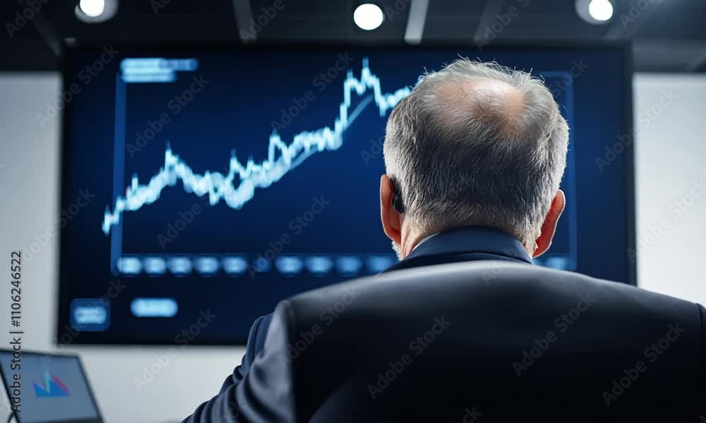 Businessman analyzing financial data and trends on a large screen in the office.
