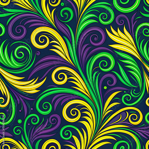 Vibrant floral swirls with bold yellow, green, and purple patterns