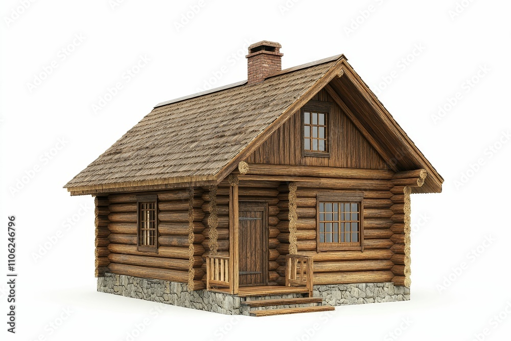 Rustic log cabin, stone base, thatched roof. Rustic log cabin, stone base, thatched roof.
