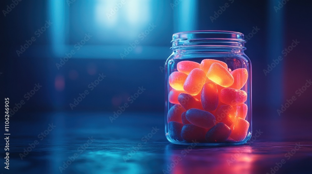 Glowing candies in a glass jar on a dark surface. Glowing candies in a glass jar on a dark surface.