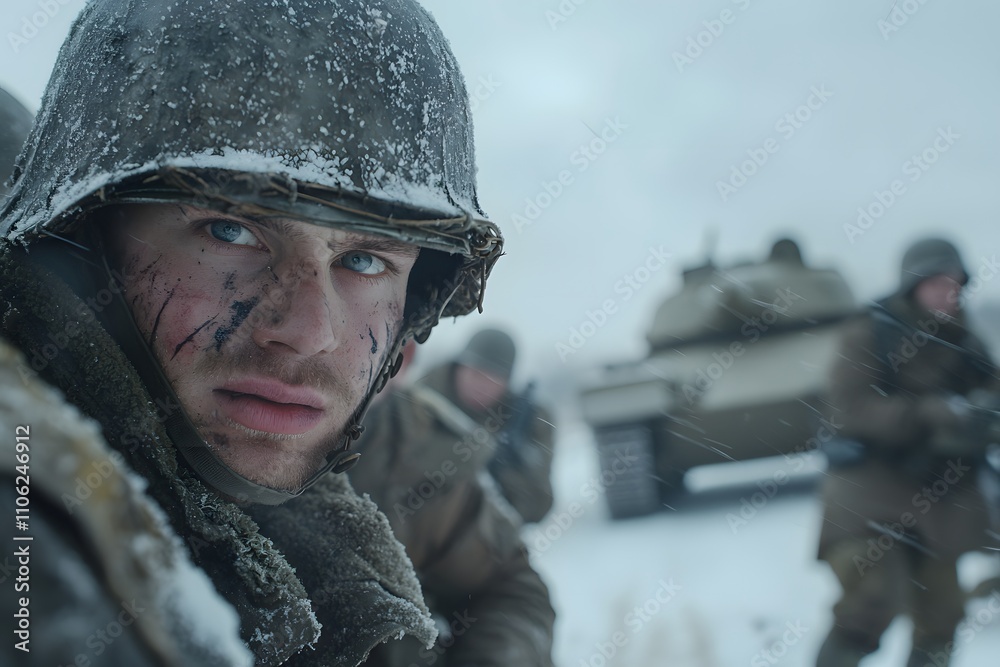 Fototapeta premium WWII European Front Snow-Covered Battlefield with Tanks, Depicting a Harsh Winter Combat Scene of Historical Warfare and Strategy
