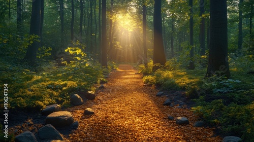 Tranquil Pathway Through a Forest with Dappled Sunlight