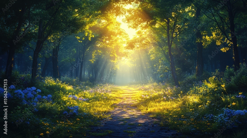 Serene Pathway Through a Sunlit Forest with Dappled Light Serene Pathway Through a Sunlit Forest with Dappled Light