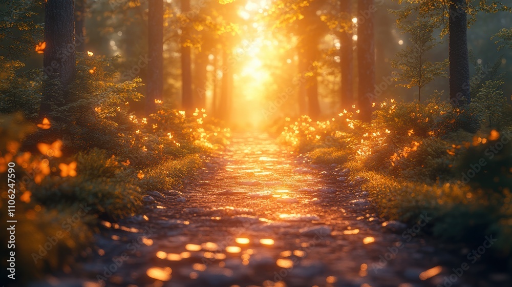 Tranquil Pathway Through Dappled Forest Light and Golden Glow Tranquil Pathway Through Dappled Forest Light and Golden Glow