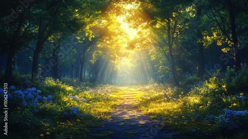 Serene Pathway Through a Sunlit Forest with Dappled Light