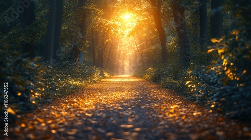 Serene Pathway Through Tranquil Forest Bathed in Dappled Light
