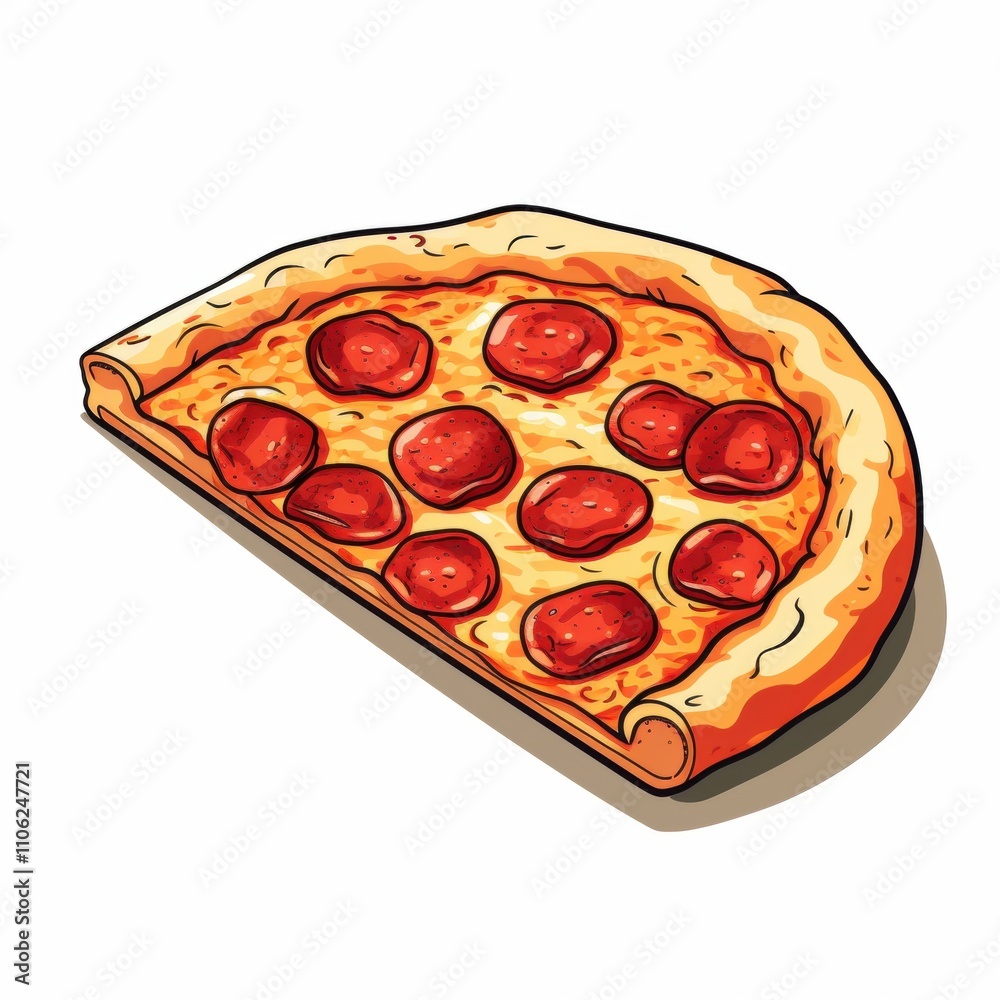 Cartoon-style illustration of a pepperoni pizza with melted cheese and crispy crust, set against a clean white background. Cartoon-style illustration of a pepperoni pizza with melted cheese and crispy crust, set against a clean white background.