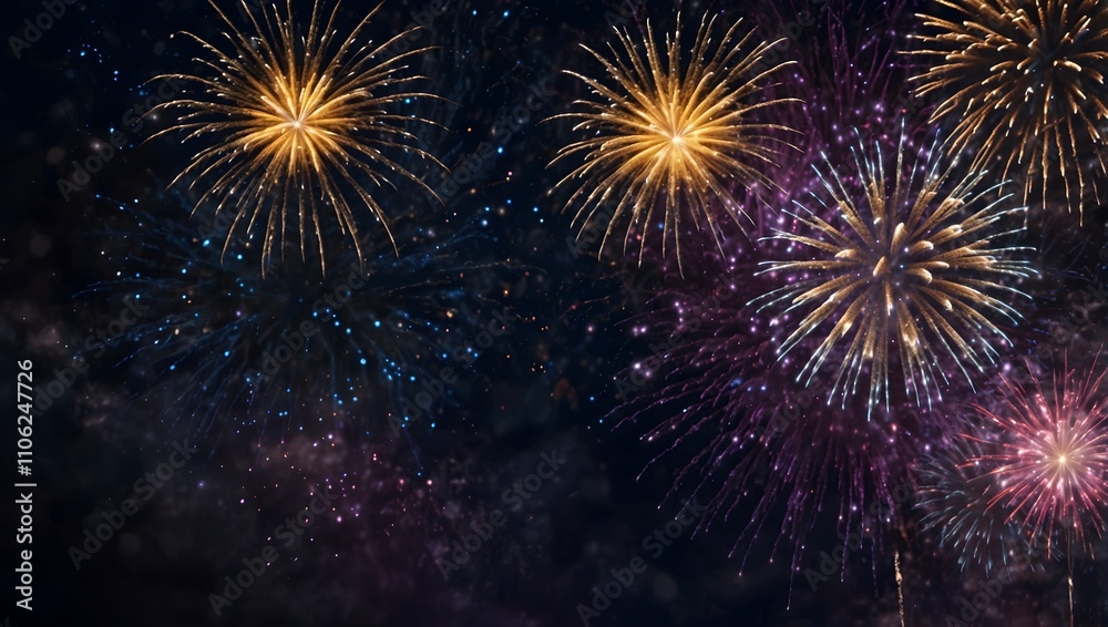 Fototapeta premium Colorful fireworks explode against a dark night sky.