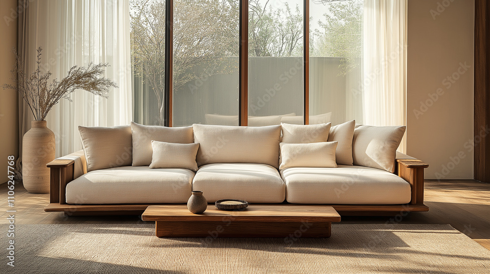 Fototapeta premium A minimalistic interior featuring a spacious sofa with wooden arms, surrounded by natural light and greenery