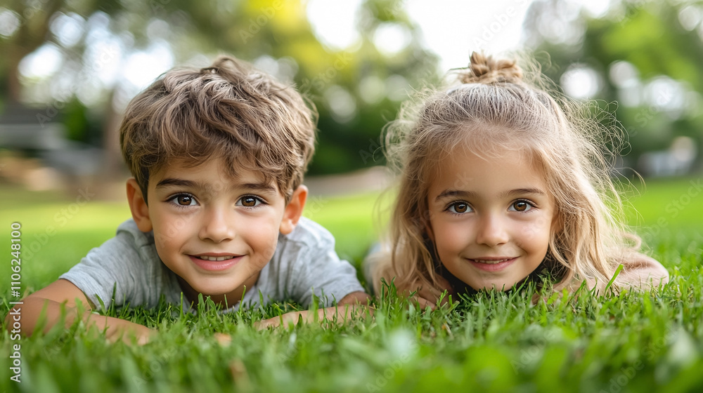 Love, kids hug in nature outdoors while siblings happy bonding together, child siblings having fun in the park. Love, kids hug in nature outdoors while siblings happy bonding together, child siblings having fun in the park.