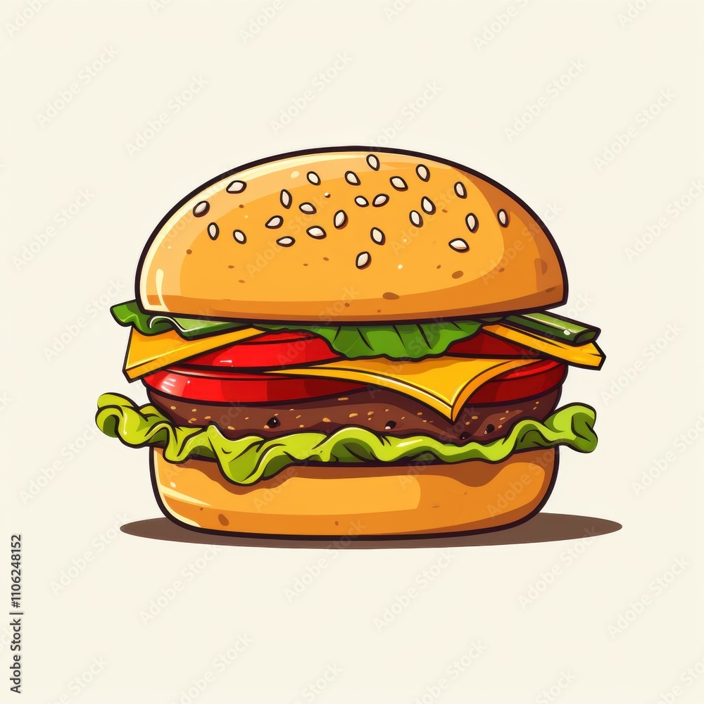 Colorful cartoon-style illustration of a cheeseburger with lettuce, tomato, and beef patty, showcasing vibrant colors on a white background. Colorful cartoon-style illustration of a cheeseburger with lettuce, tomato, and beef patty, showcasing vibrant colors on a white background.